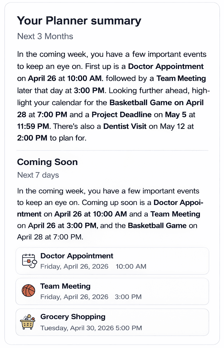 Weekly overview generated by Planner